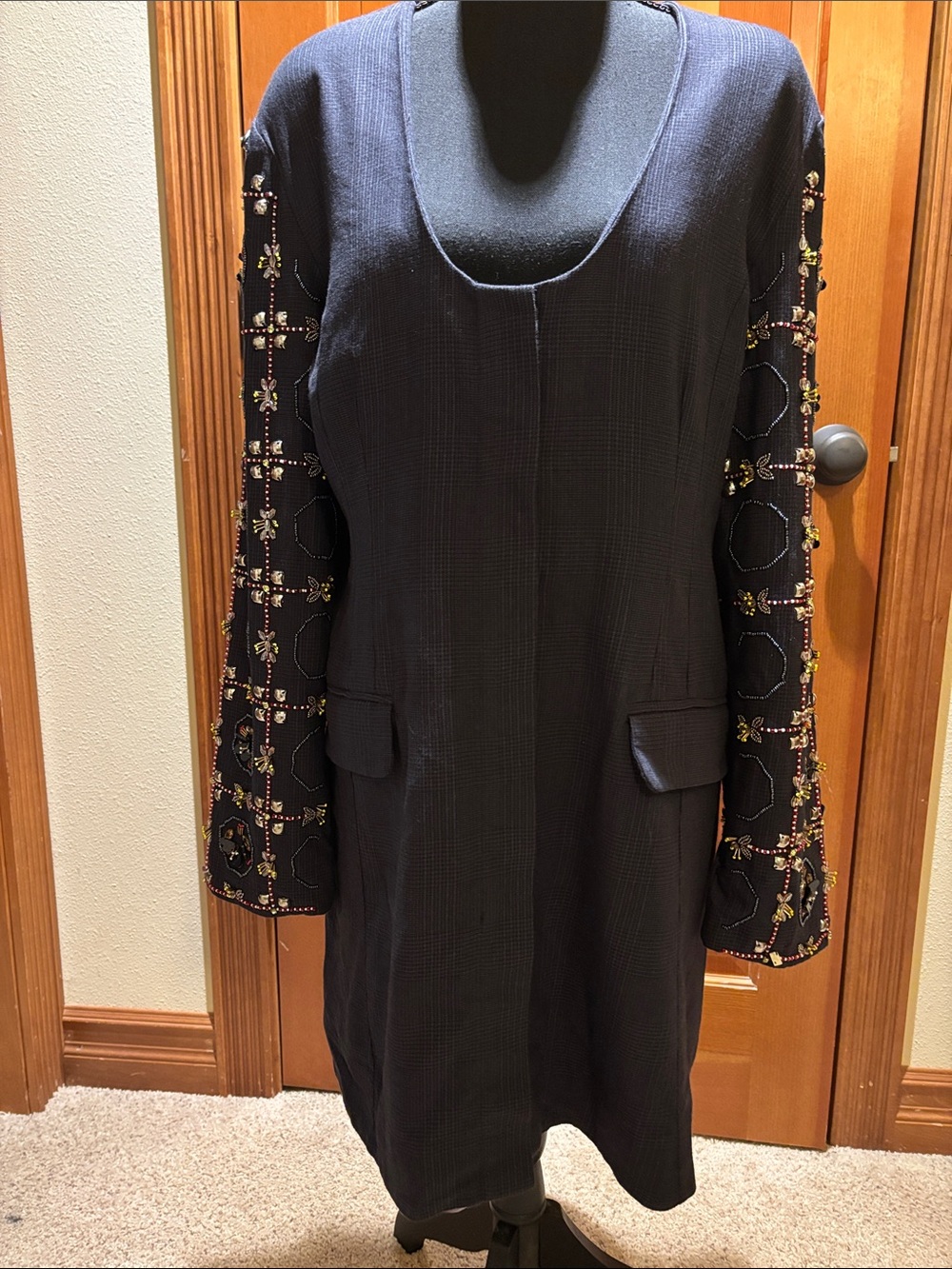 Anthropologie Maeve Navy Long Sleeve Embroidered-Sleeve Dress, size L